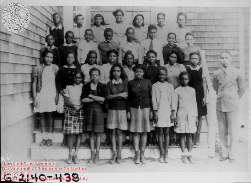 1944 Unknown 7th grade class at Bates annex, the Old Germantown School on West Street at Russell Street. Included: Philip Brown (teacher), Theresa Blackstone [Calvert], Elizamae Robinson, Emma Henderson [Pickett]
