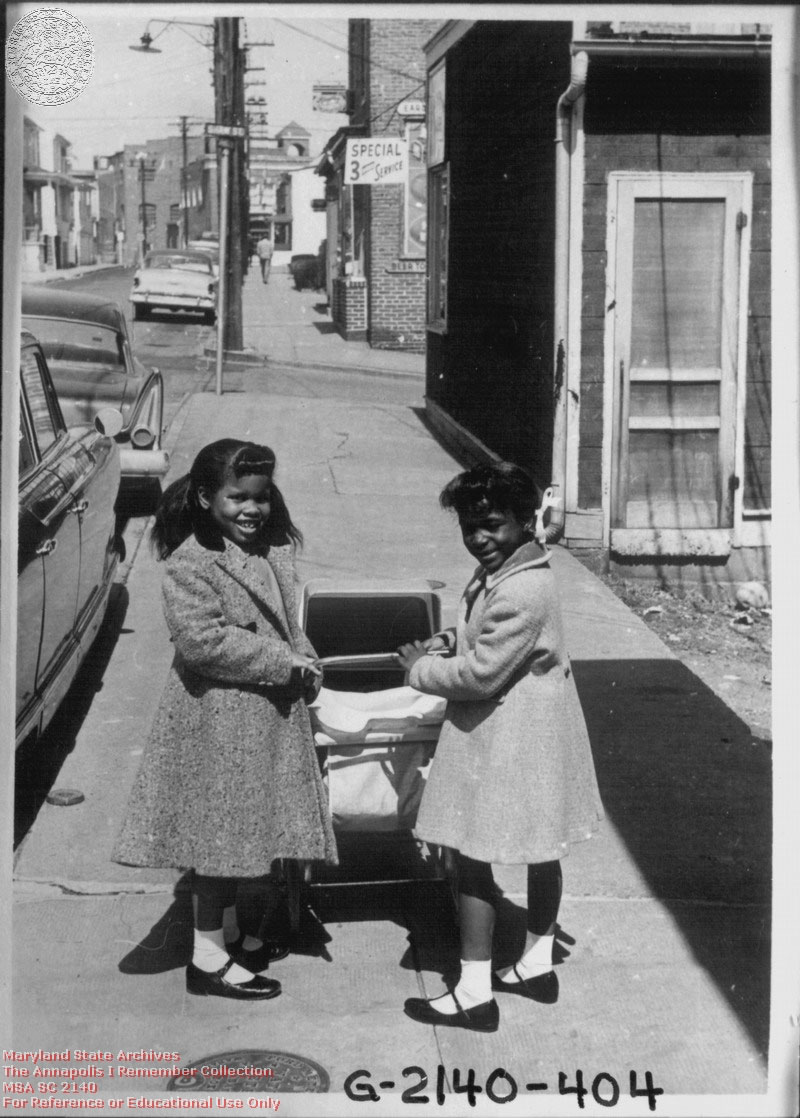 1955 c. Ochs, Irving Lafayette Avenue, two girls with baby carriage