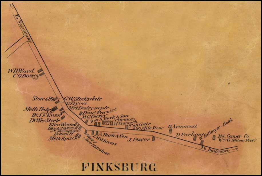 Detail of Finksburg from Simon J. Martenet, Map of Carroll County, 1862, Library of Congress, MSA SC 1213-1-119 