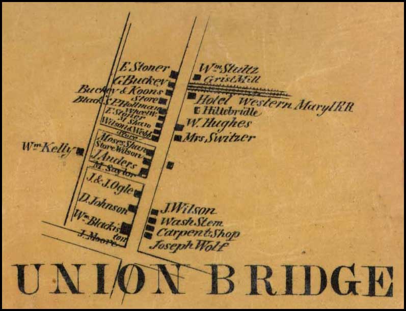 Detail of Union Bridge from Simon J. Martenet, Map of Carroll County, 1862, Library of Congress, MSA SC 1213-1-119 