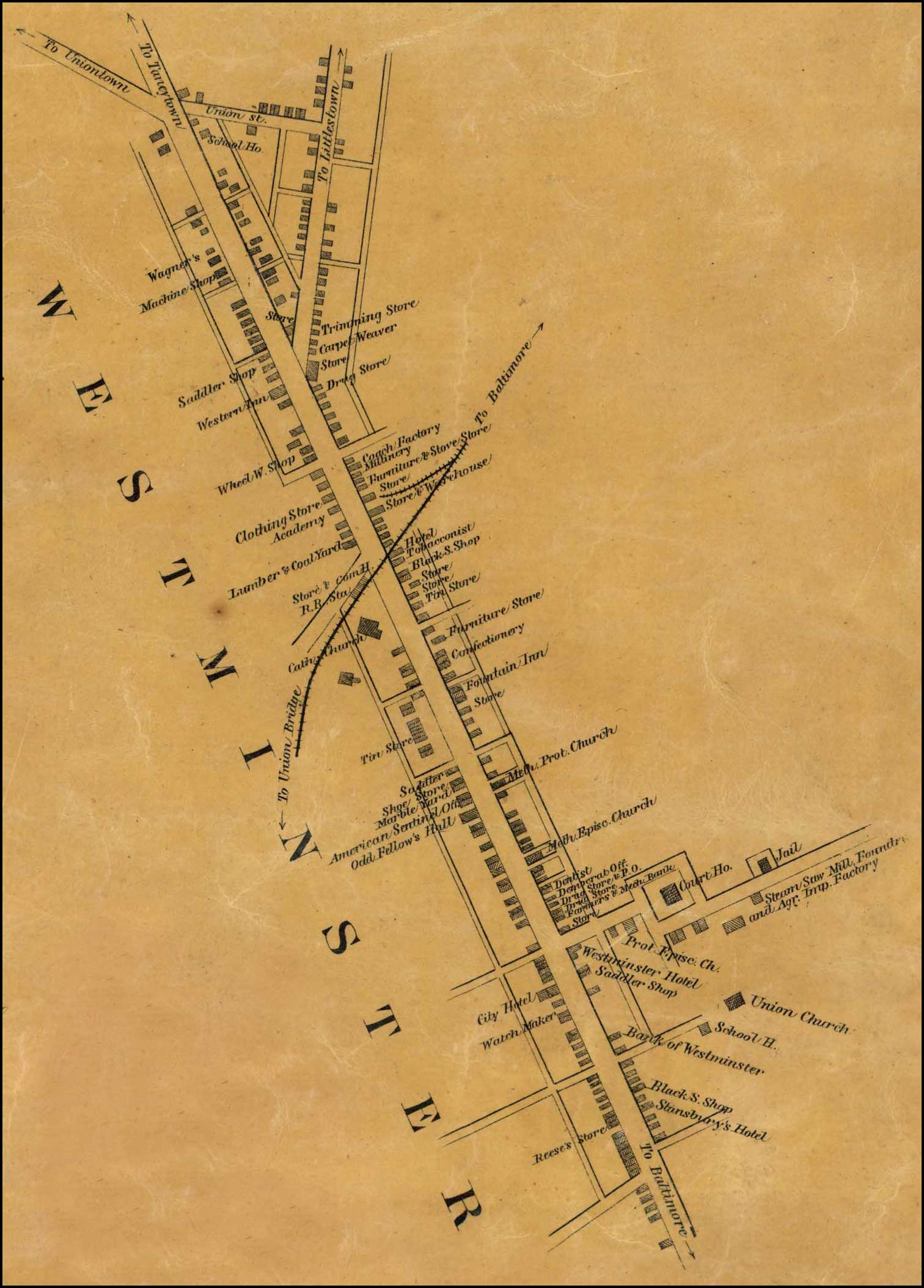 Detail of Westminster from Simon J. Martenet, Map of Carroll County, 1862, Library of Congress, MSA SC 1213-1-119 