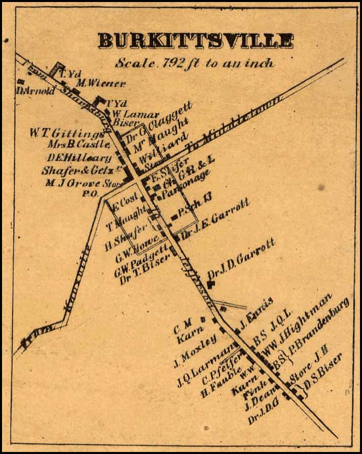 Detail of Burkittsville from Isaac Bond, Map of Frederick County, 1858, Library of Congress, MSA SC 1213-1-457