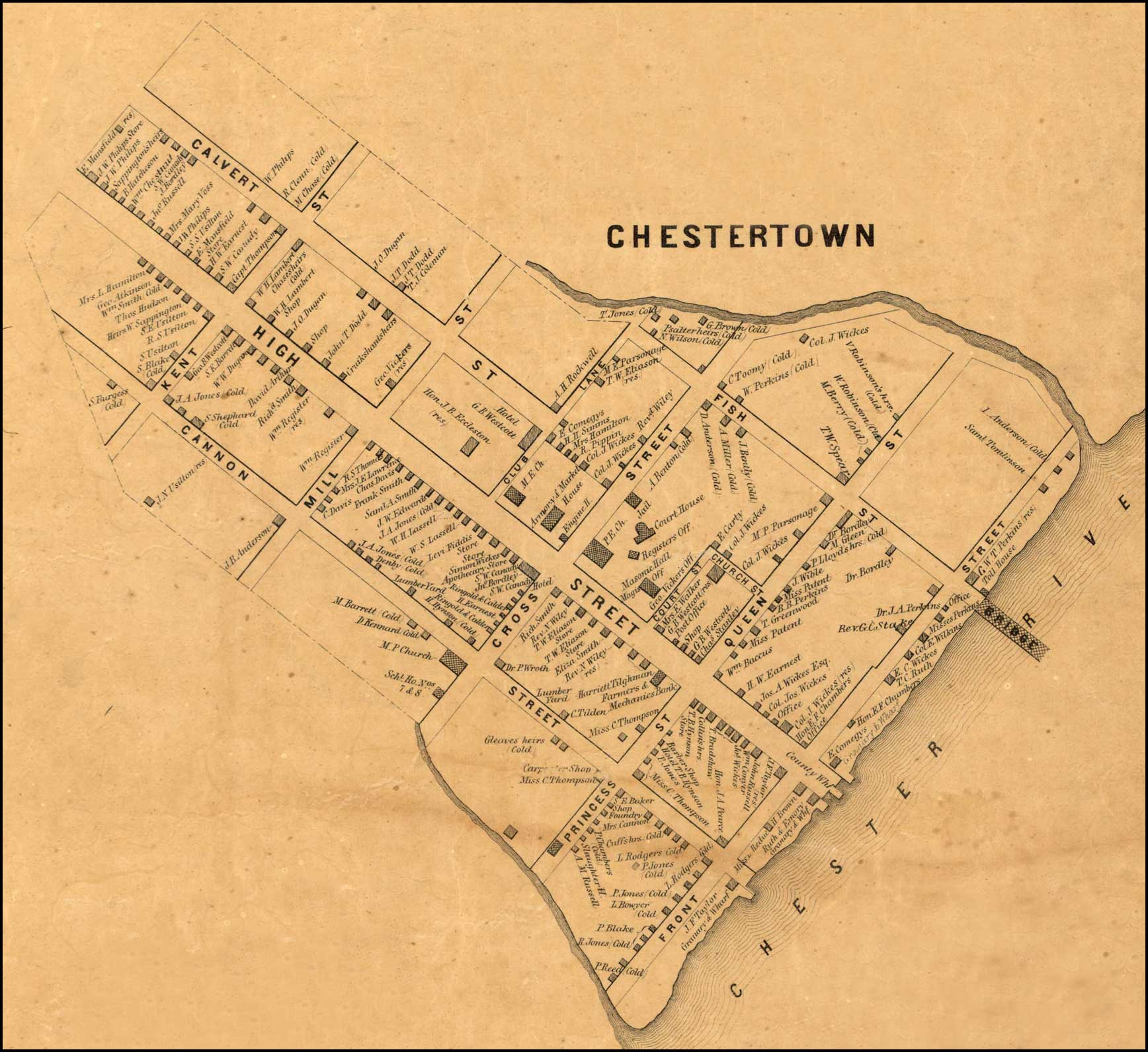 Detail of Chestertown from Simon J. Martenet, Map of Kent County, 1860, Library of Congress, MSA SC 1213-1-471