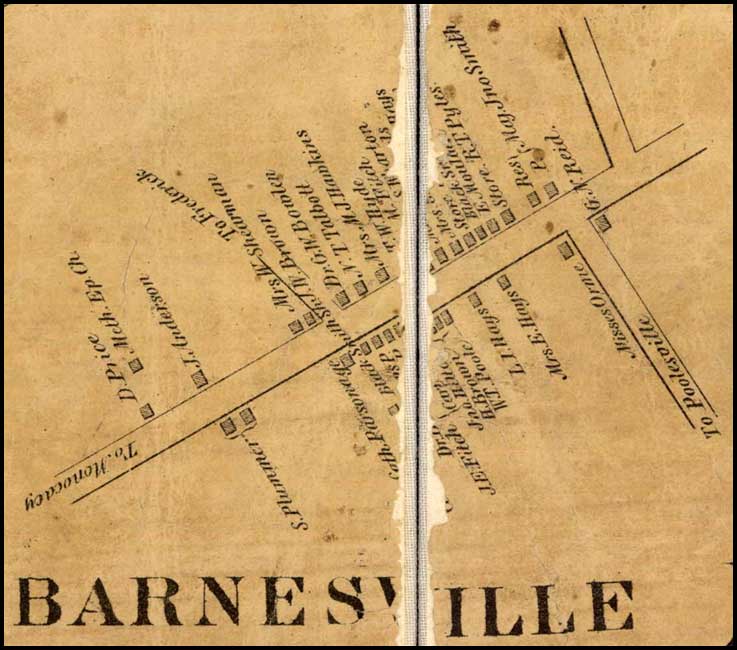 Detail of Barnesville from Simon J. Martenet, Martenet and Bond's Map of Montgomery County, 1865, Library of Congress, MSA SC 1213-1-464